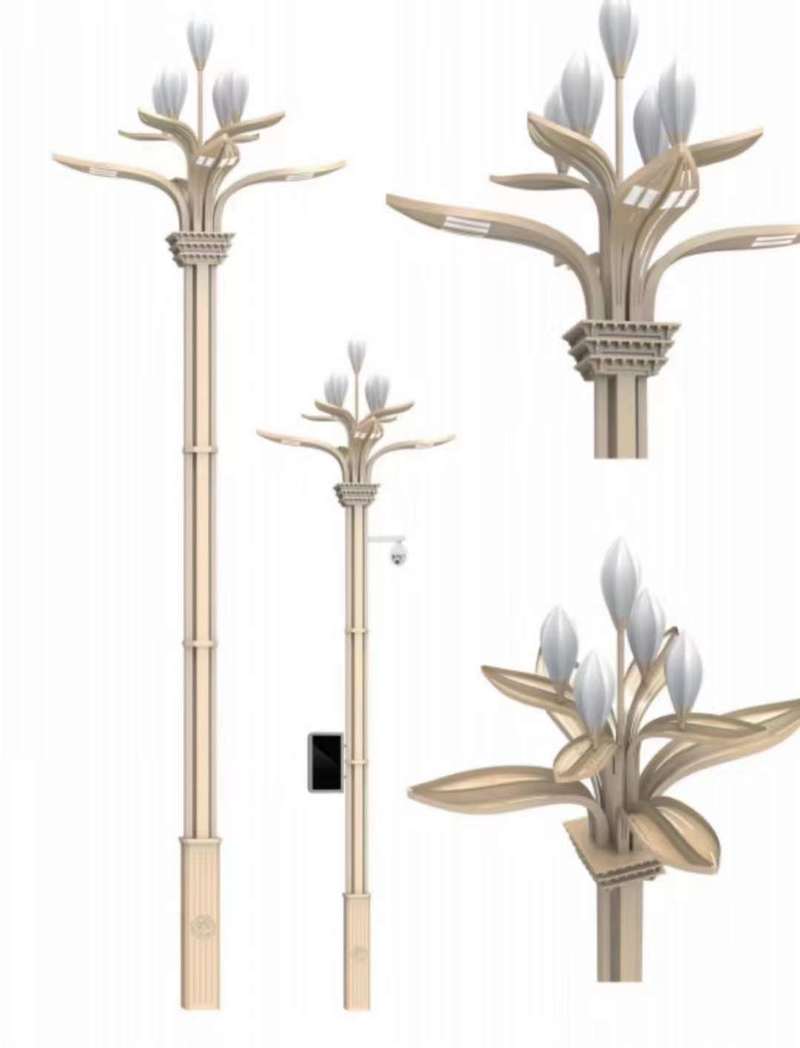 Magnolia shaped high pole street lamp, detailed breakdown drawing -155-20230619